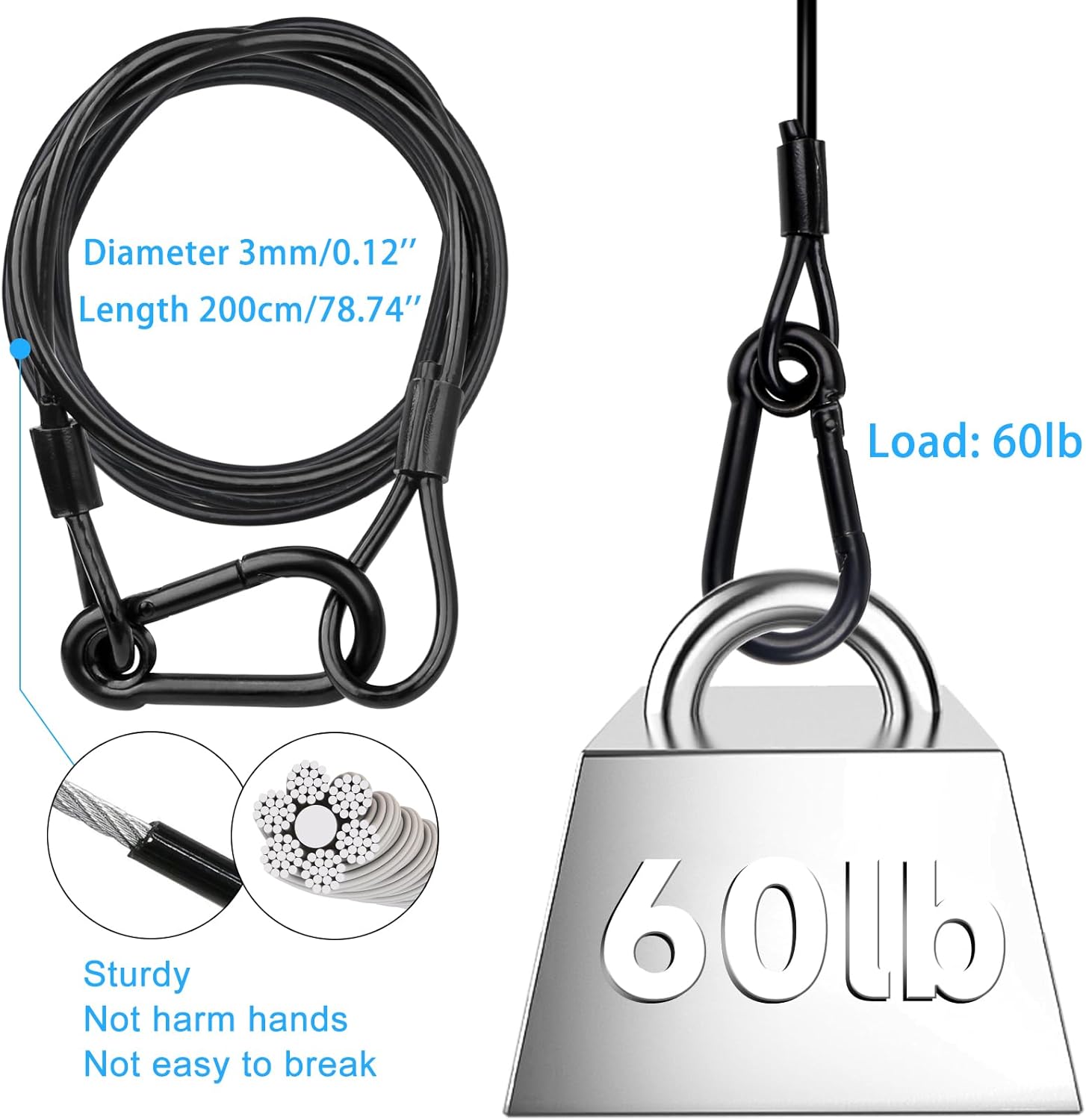 Lighting Safety Cable with Loops(2-Pack), 25kg Load Stage Light Safety Cable Black Security Chain Hanging on Trusses, Stainless Steel Lanyard（Diameter 3mm/0.12in, Length 200cm/78.74in)
