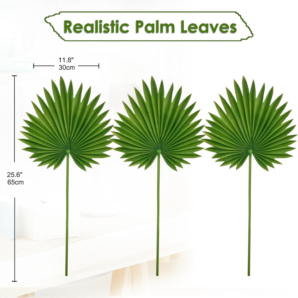 Large Pu Foam Green Artificial Palm Leaves Faux Palm Tropical Leaves Fake Palm Fronds for DIY Wedding Bouquets Fake Leaves for Centerpieces Arrangements Bridal Shower Palm Leaf for Home Decor-3 Pcs