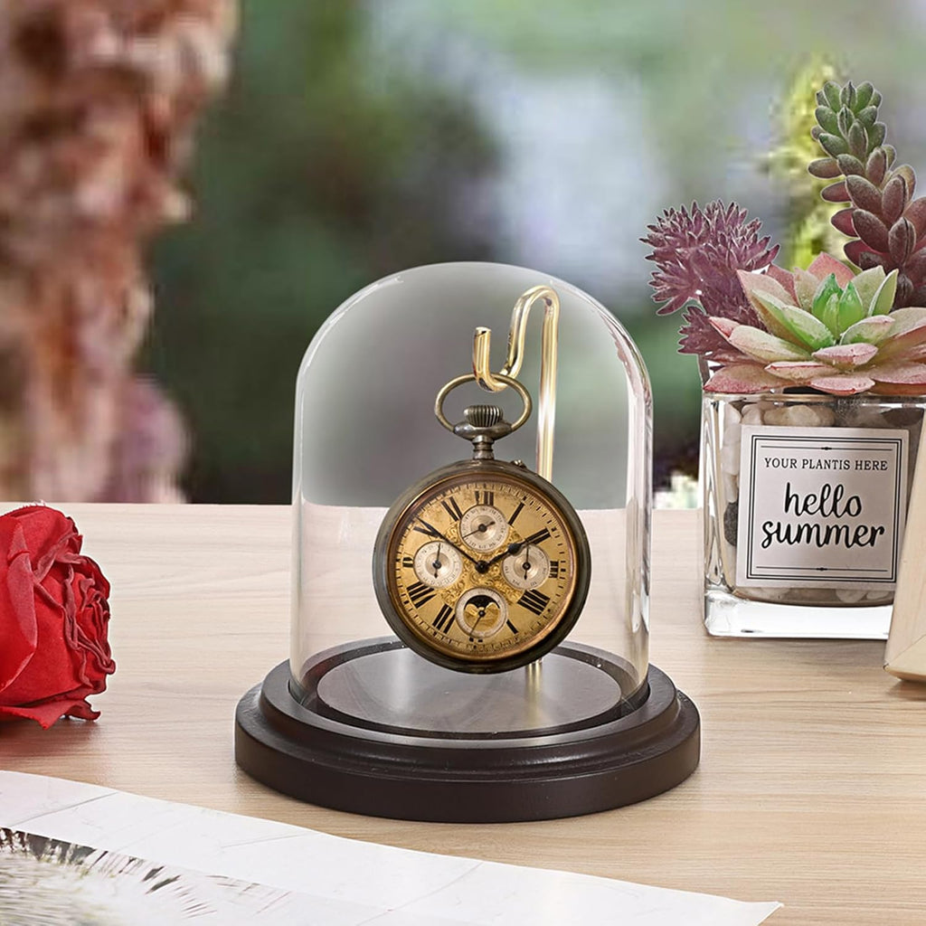 JUXYES Clear Watch Glass Display Dome Cloche With Hook and Wooden Base, Bell Terrarium Jar for Watch Ornaments