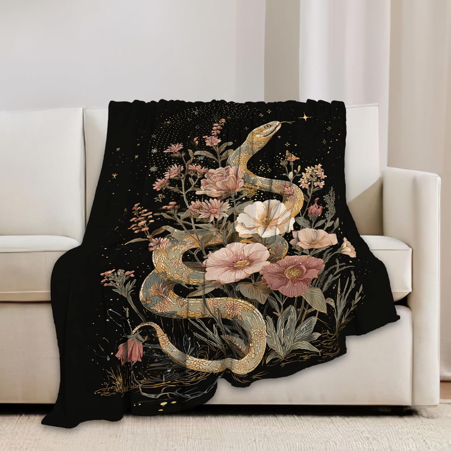 Golden Snake Blanket Fantasy Floral Reptiles Throw Blankets Gifts for Girls Boys Kids Snake Lover Soft Cozy Fleece Plush for Couch Sofa Bed 50"x40"