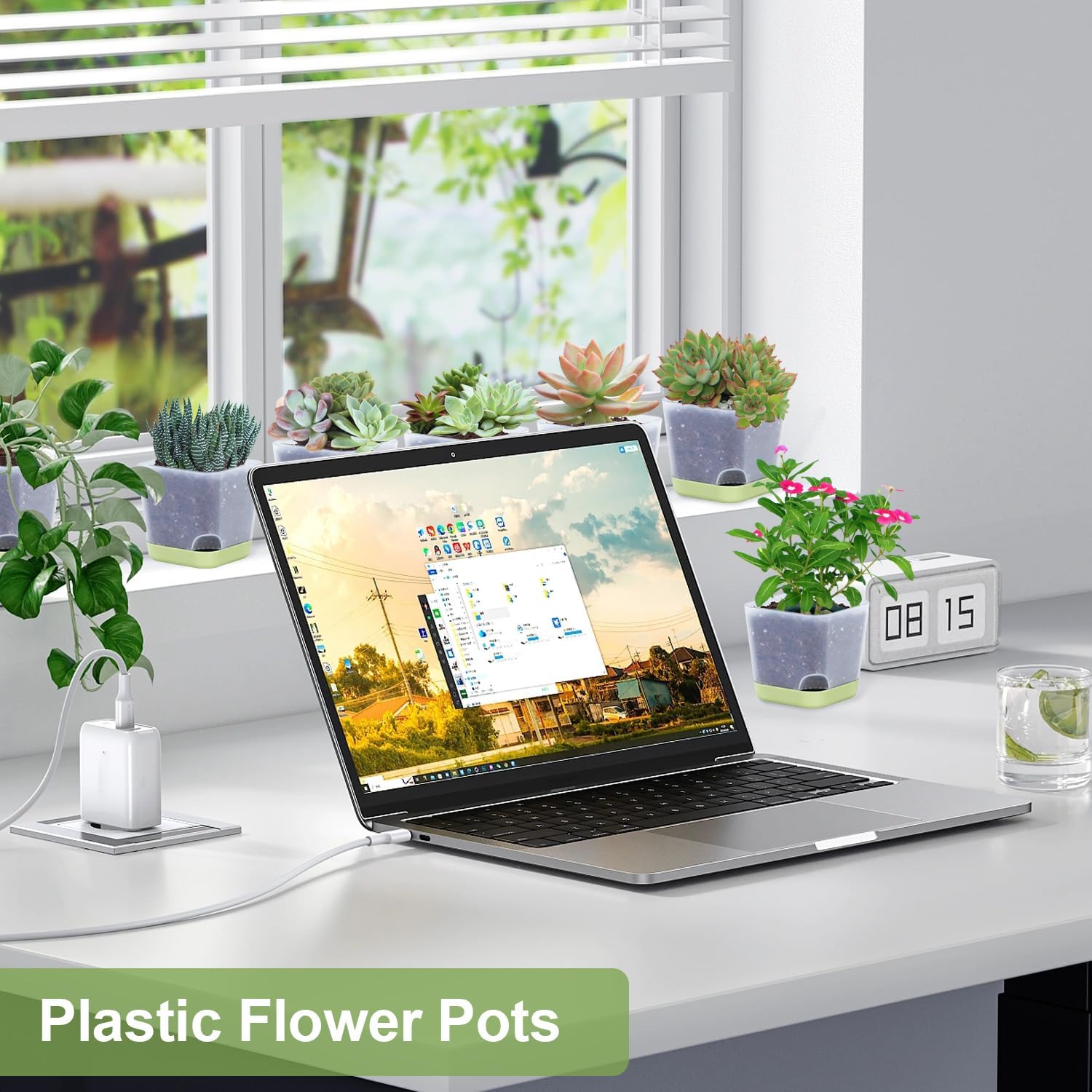 20 Pack 3 Inch Plastic Succulent Pots with Drainage Holes & Saucers, Square Nursery Planters for Indoor Outdoor Plants, Half Clear Flower Pots