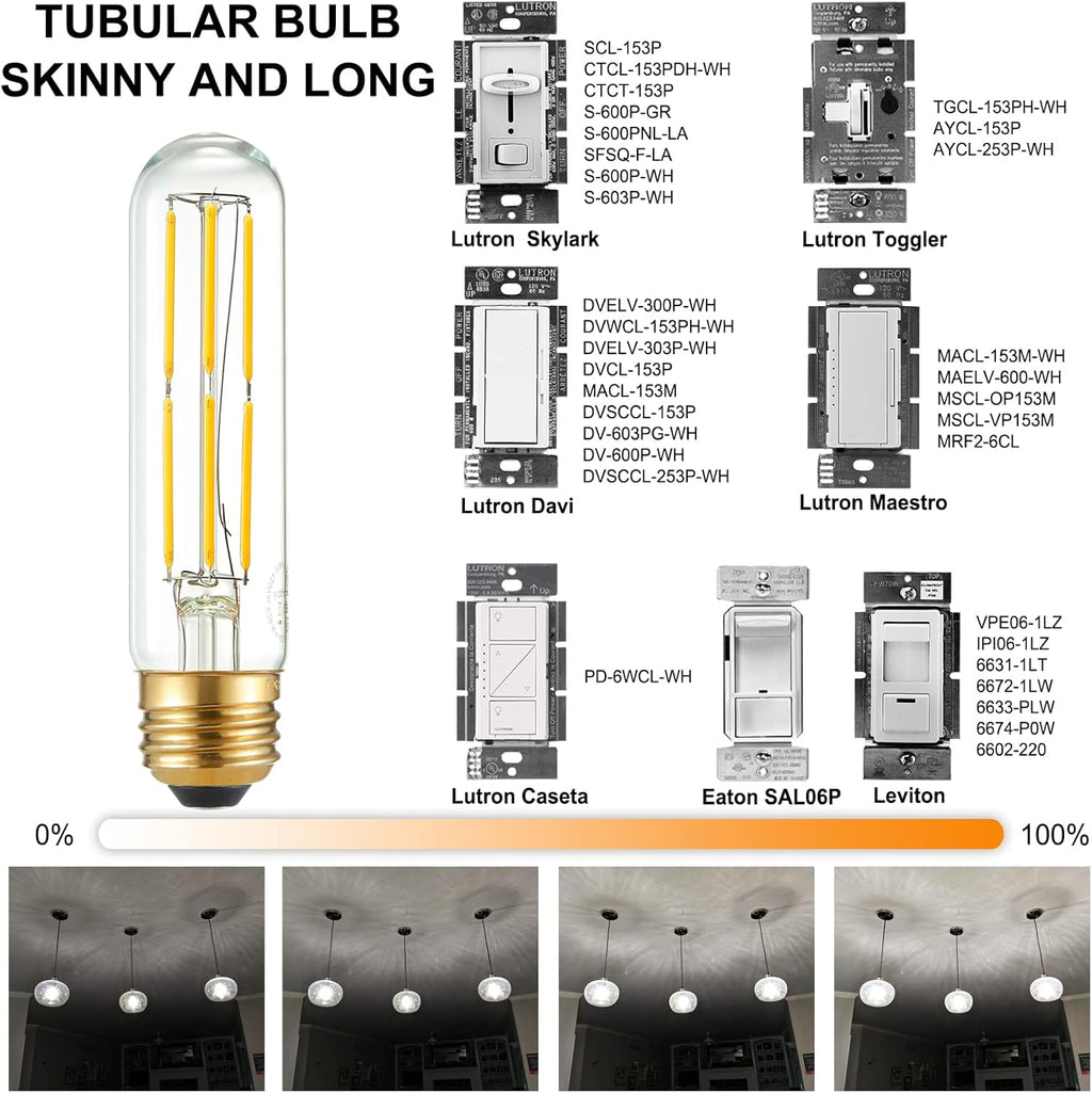 Arberlic 5 Inch Tubular Light Bulb,6W T10 LED Bulb Equivalent E26 led Bulb 60 watt dimmable,Neutral White 4000K,600lm,CRI85+,AC120V,Clear Glass Long E26 Edison Bulb,Flicker-Free,Pack of 6