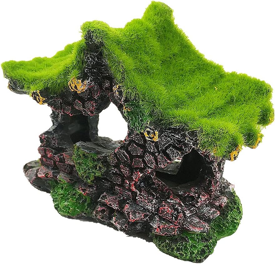 IBWell Aquarium Decoration House Resin Hollow Hideout House, Fish Tank Accessories Cave Ornament Tank Small Fish Hideaway with Moss
