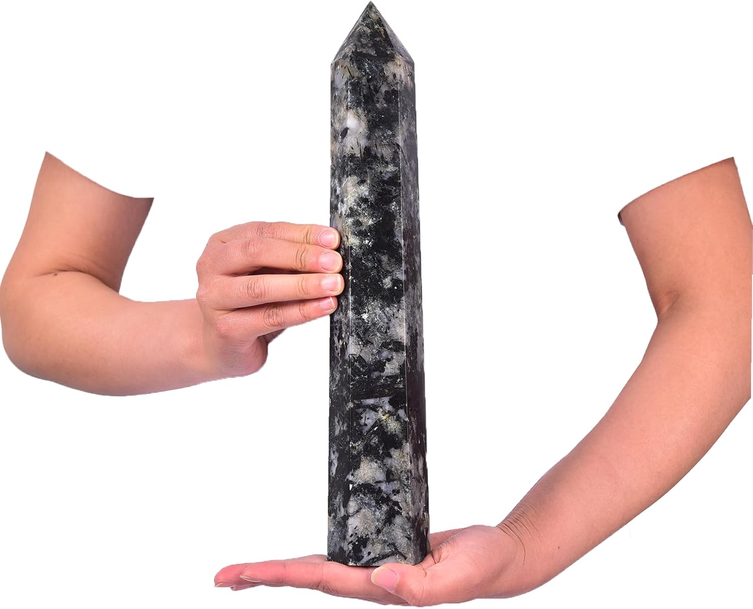 JIC Gem Extra Large Black and White Tourmaline Crystal Obelisk Tower Wand 6 Faceted Healing Crystal Quartz Wand Point Home&Desktop Decoration 4.4-4.8 Lbs