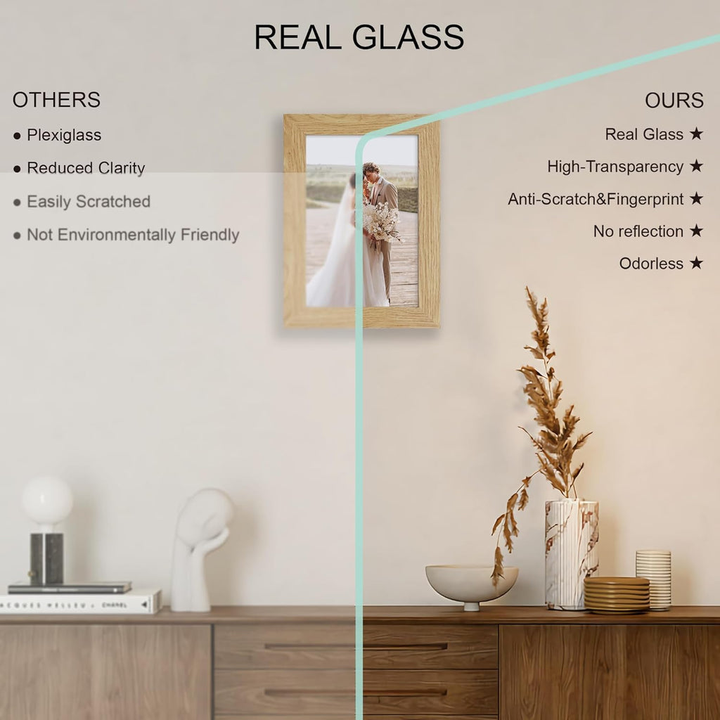 5.5x8.5 Picture Frame Set of 4, Made of Real Glass and Natural Oak Frame, 5.5 by 8.5 Photo for Wall or Tabletop