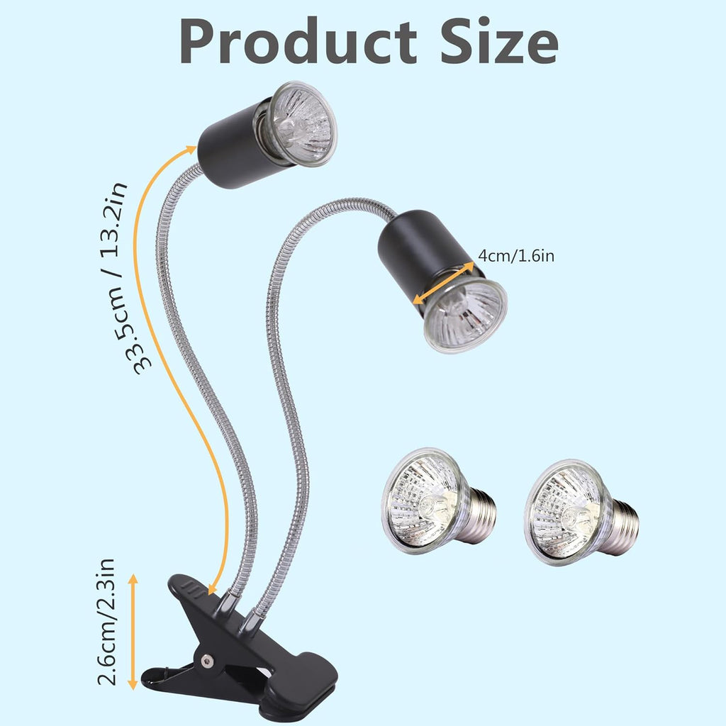 Reptile Heat Lamp with Dual Head, UVA UVB Light for Aquarium Turtle Tank, with 2 * 50w Basking Bulb and 360° Swivel Clamp Stand for Tortoise, Snake, Frog, Lizard. Halogen, Yellow Light