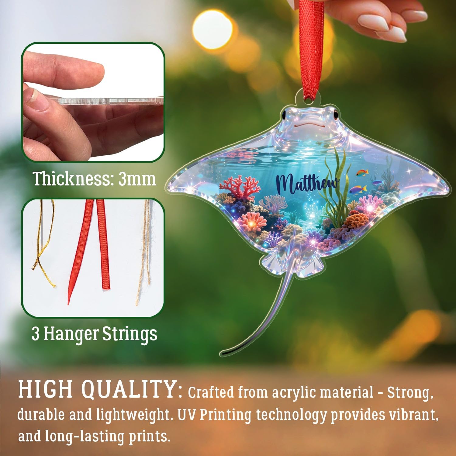 Stingray Christmas Acrylic Ornament 2025, Personalized Stingray Underwater 2D Flat Shape Ornament, Custom Name Fish Lover Ornaments, Sea Animal Lover Hanging Xmas Tree, Gifts for Marine Biologist