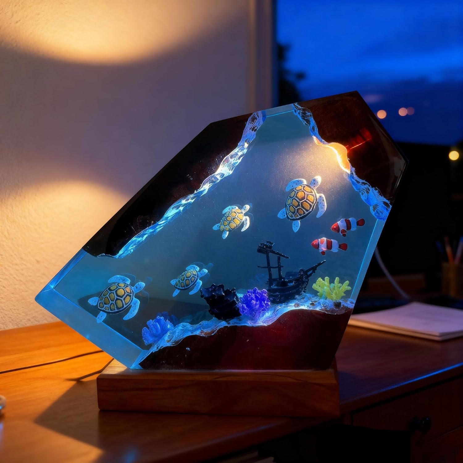 Ocean Resin Lamp – Resin Art Night Light with 16 Color LED, USB Powered Whale Shark & Turtle Desk Lamp with Wooden Base & Remote,Handmade Gift for Christmas, New Year