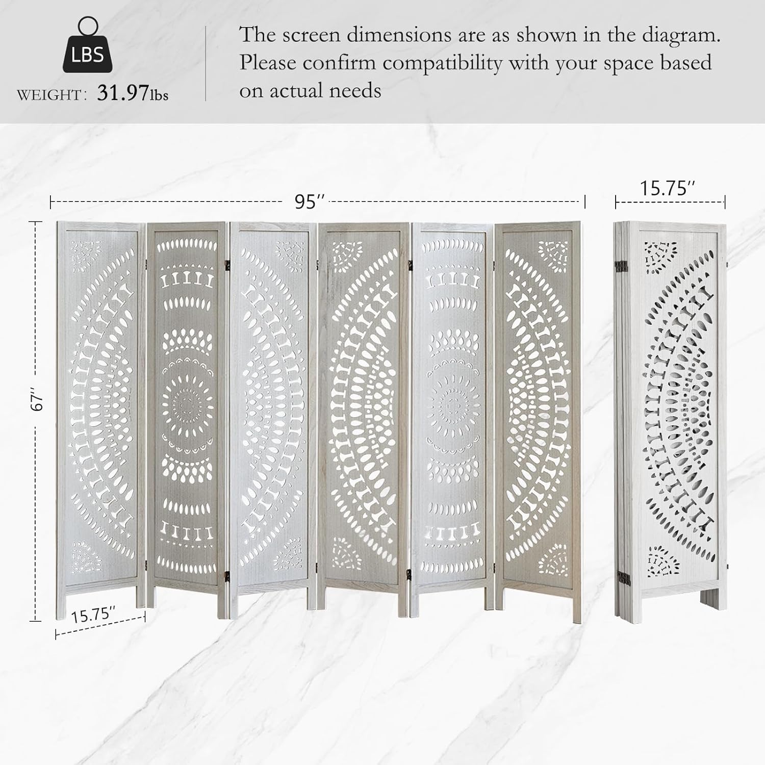 6 Panel Wood Room Divider Fully Assembled, Decorative Room Dividers and Folding Screens, 5.6Ft Room Divider Screen Freestanding Partition Wall Dividers for Home Bedroom Office, White