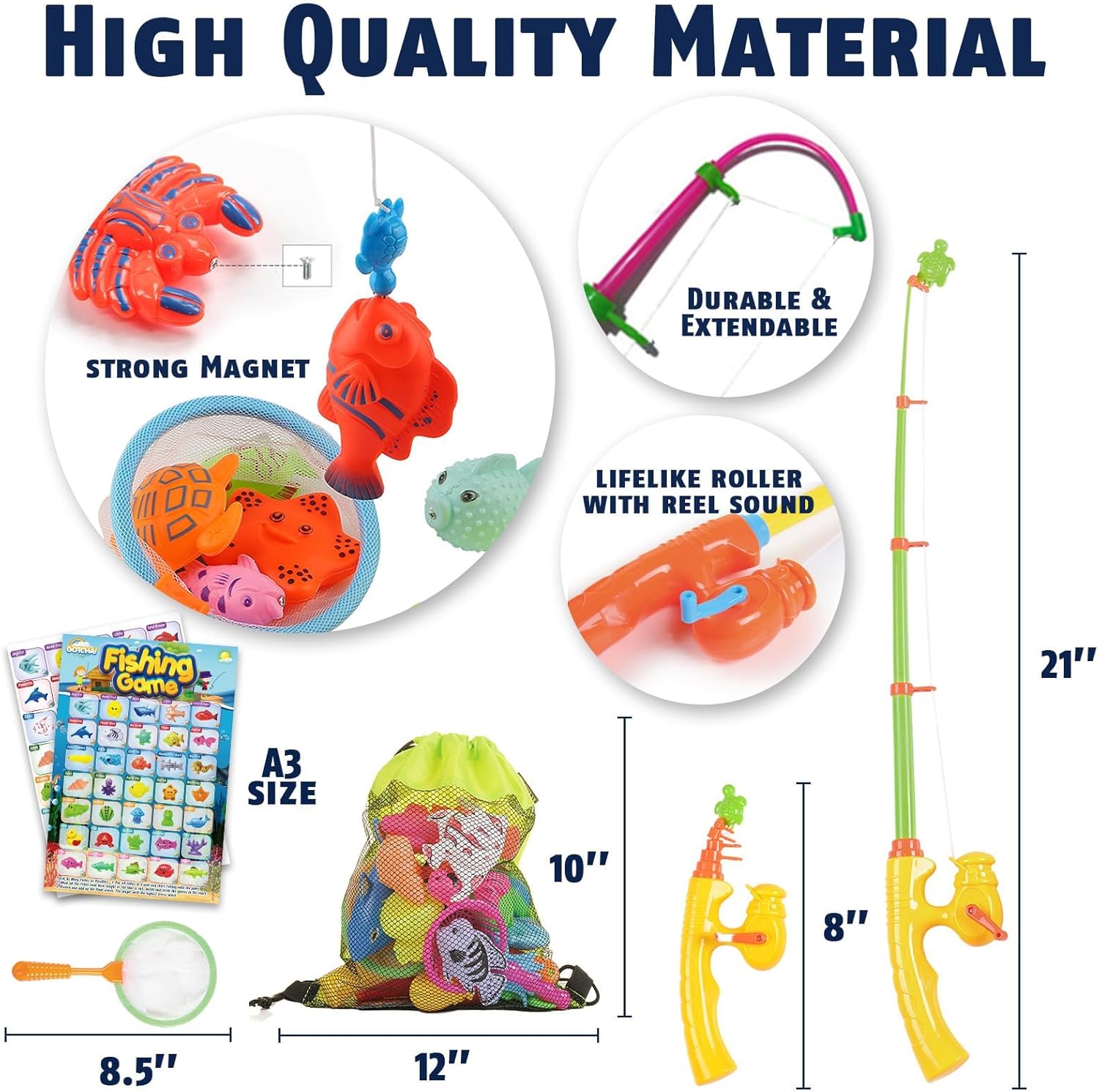CozyBomB™ Magnetic Fishing Toys Game Set for Kids | Water Table Bathtub Kiddie Pool Party Pole Rod Net, Outdoor Plastic Floating Fish, Toddler Bath Color Ocean Sea Animals Birthday Gift Age 3-5 6 4-8