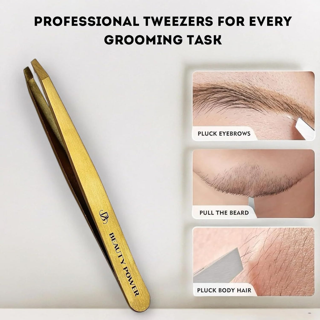 Ultra-Precision Professional Slant Tweezers for Women Facial Hair - German Stainless Steel, Lightweight Black Tweezers for Women & Men, Ideal for Eyebrow & Facial Grooming (Matte Gold)