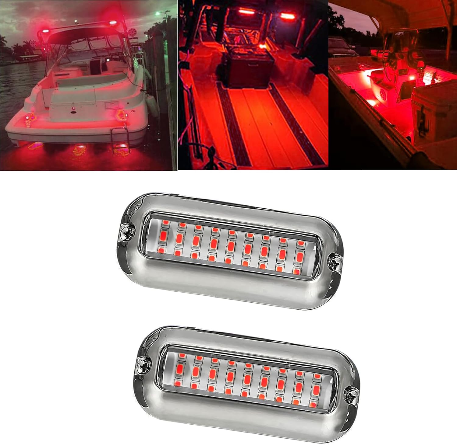 2Pcs Red Marine Boat LED Lights,27 LEDs Waterproof IP68 Stainless Steel Boat Deck Dock Pontoon Transom Yacht Trailer Stern Navigation Interior Lights,1200LM