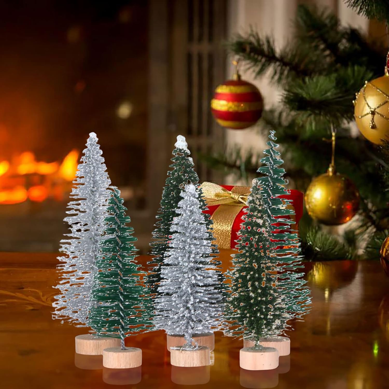 18Pcs Miniature Pine Trees Sisal Trees with Wood Base Christmas Tree Set Tabletop Trees for Miniature Scenes, Christmas Crafting and Designing, Mixed Size