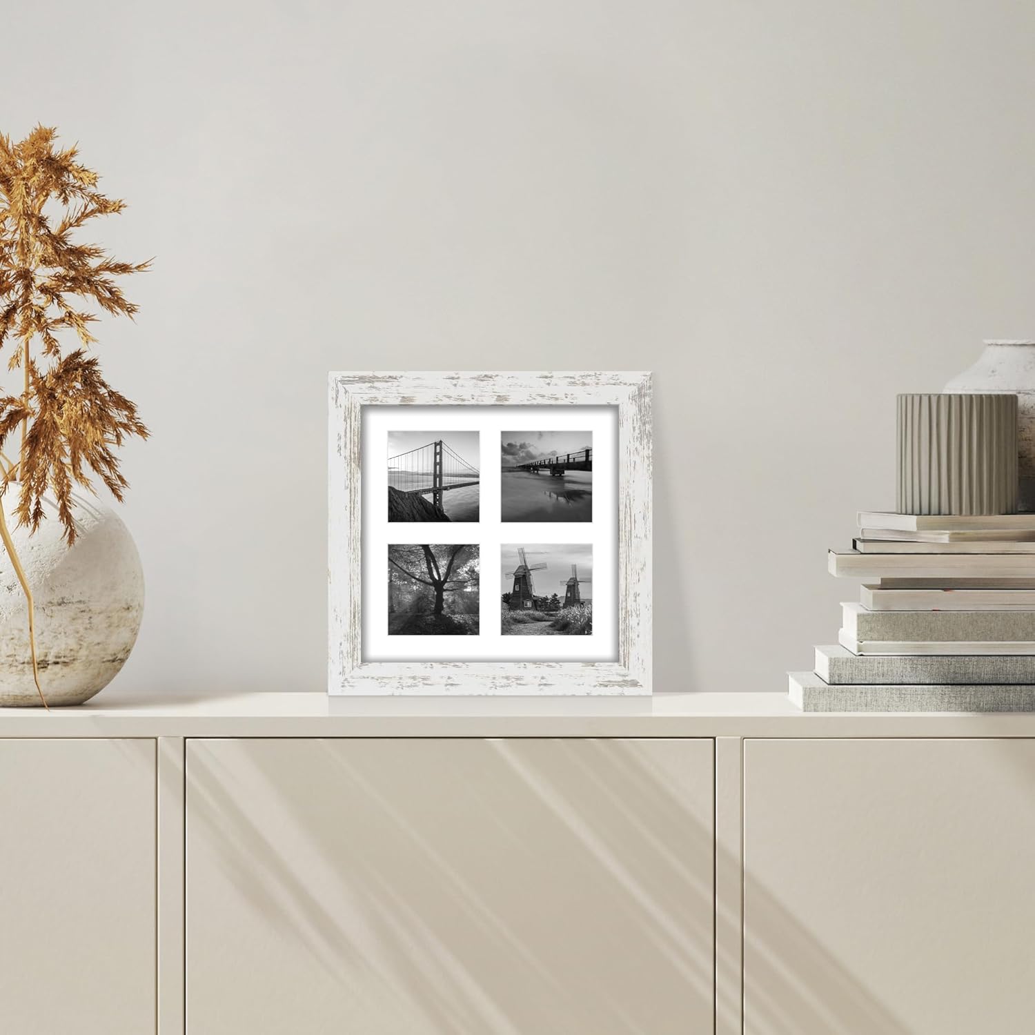 8x8 Picture Frame Set of 2, with Glass and Distressed White Wood Frames, Display Collage Four Opening 3x3 With Mat or 8 x 8 Without Mat for Wall Hanging or Tabletop