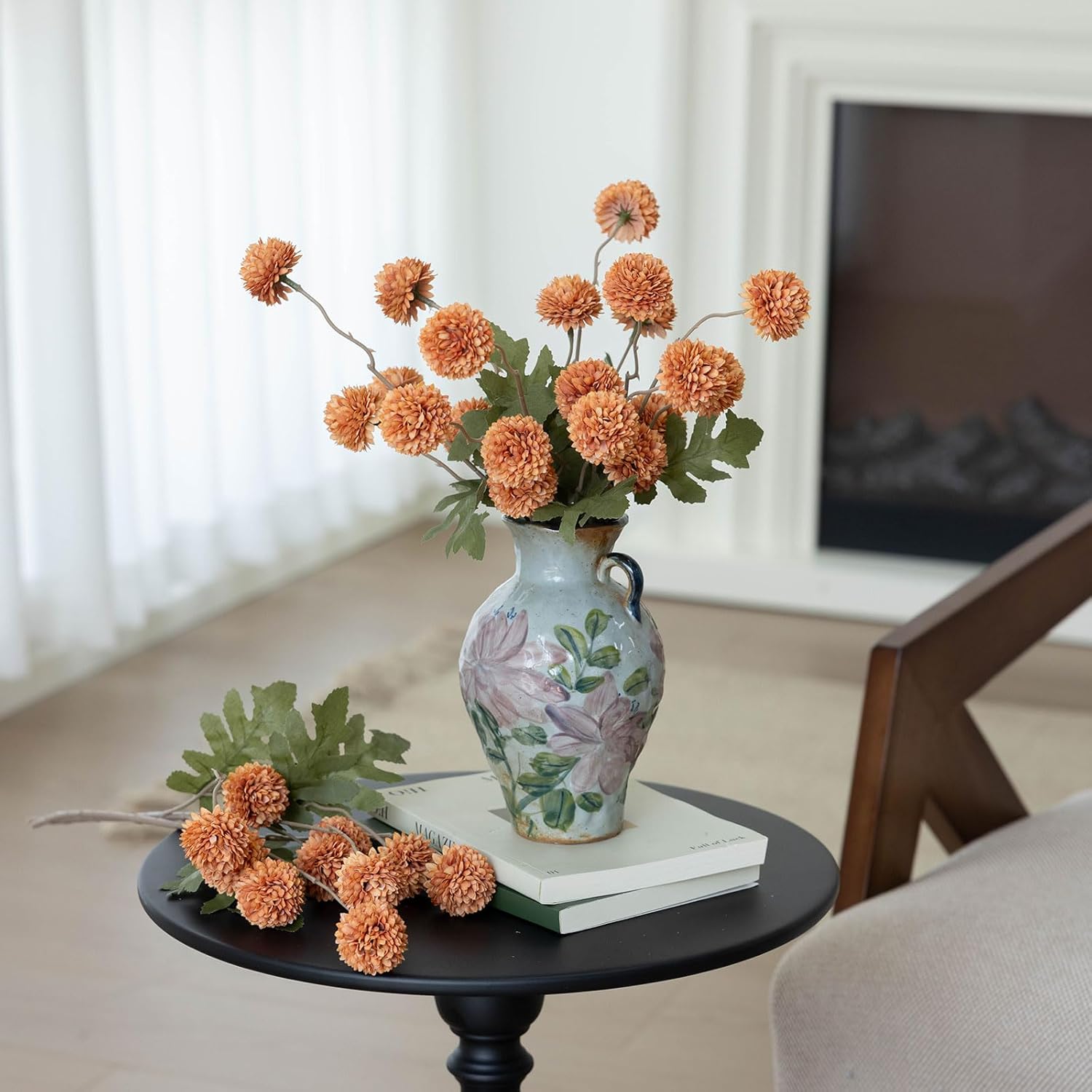 mizii 6Pcs Orange Fake Silk Pompon Mum Artificial Flowers Bulk Small Faux Chrysanthemums with Stems Floral Decorations for Wedding DIY Bouquet Centerpieces Shower Vase Home Decor (Burnt Orange)