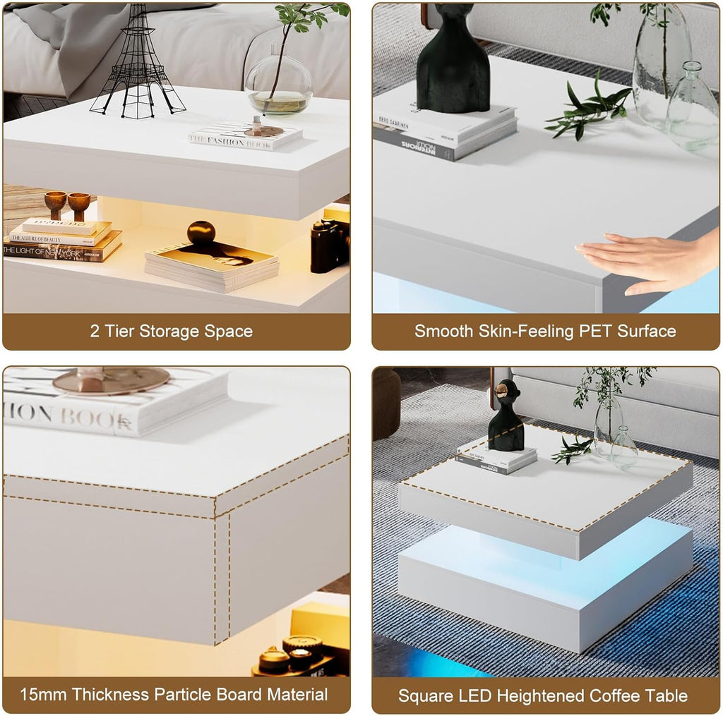 White LED Coffee Table for Living Room, Living Room Table 2-Tier Square Middle Center Table, Modern Coffee Tables with Storage, Wood Tea Tables for Dining Reception, Skin Feeling