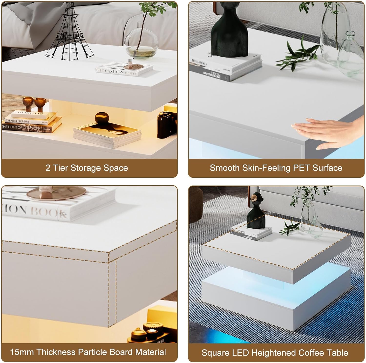 White LED Coffee Table for Living Room, Living Room Table 2-Tier Square Middle Center Table, Modern Coffee Tables with Storage, Wood Tea Tables for Dining Reception, Skin Feeling