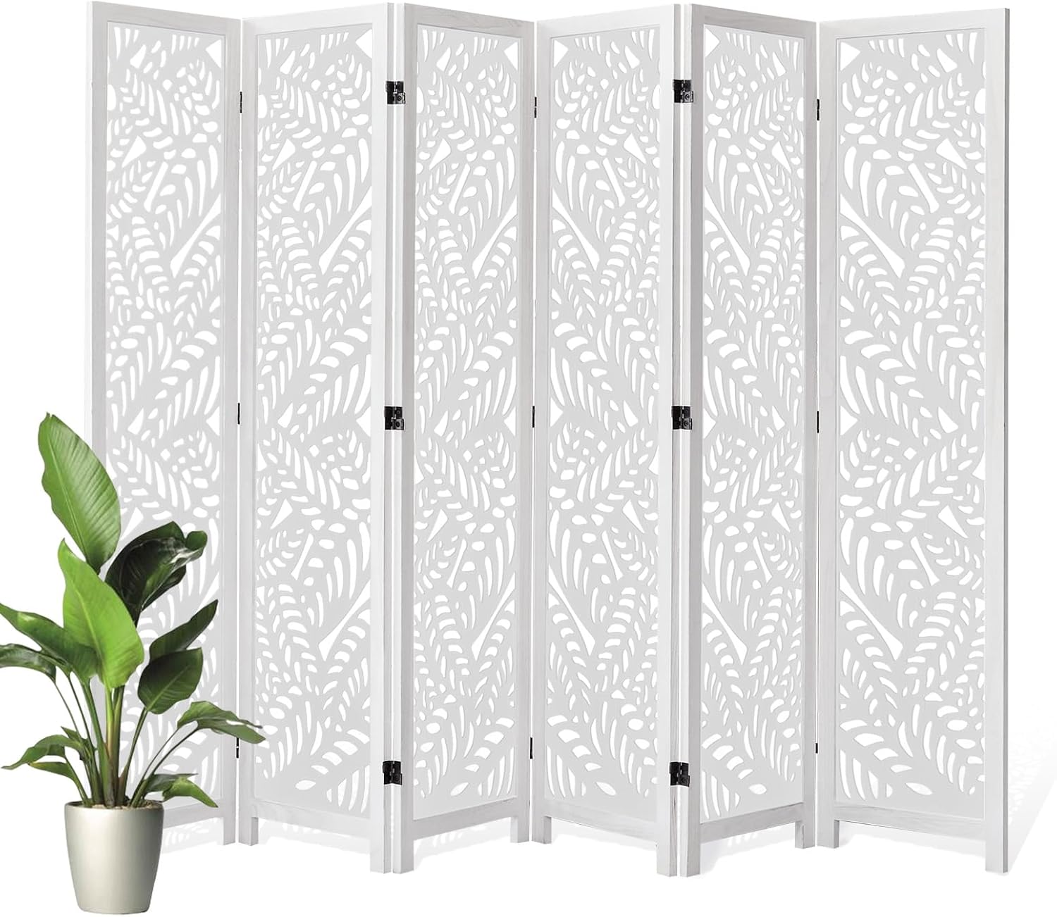 Leaf-Carved Room Divider Privacy Screen - 67 Inch Tall Foading Decorative Wood Screen Dividers Panel for Home - Natural Wood Room Partitions for Enhanced Privacy and Style White 6 Panel