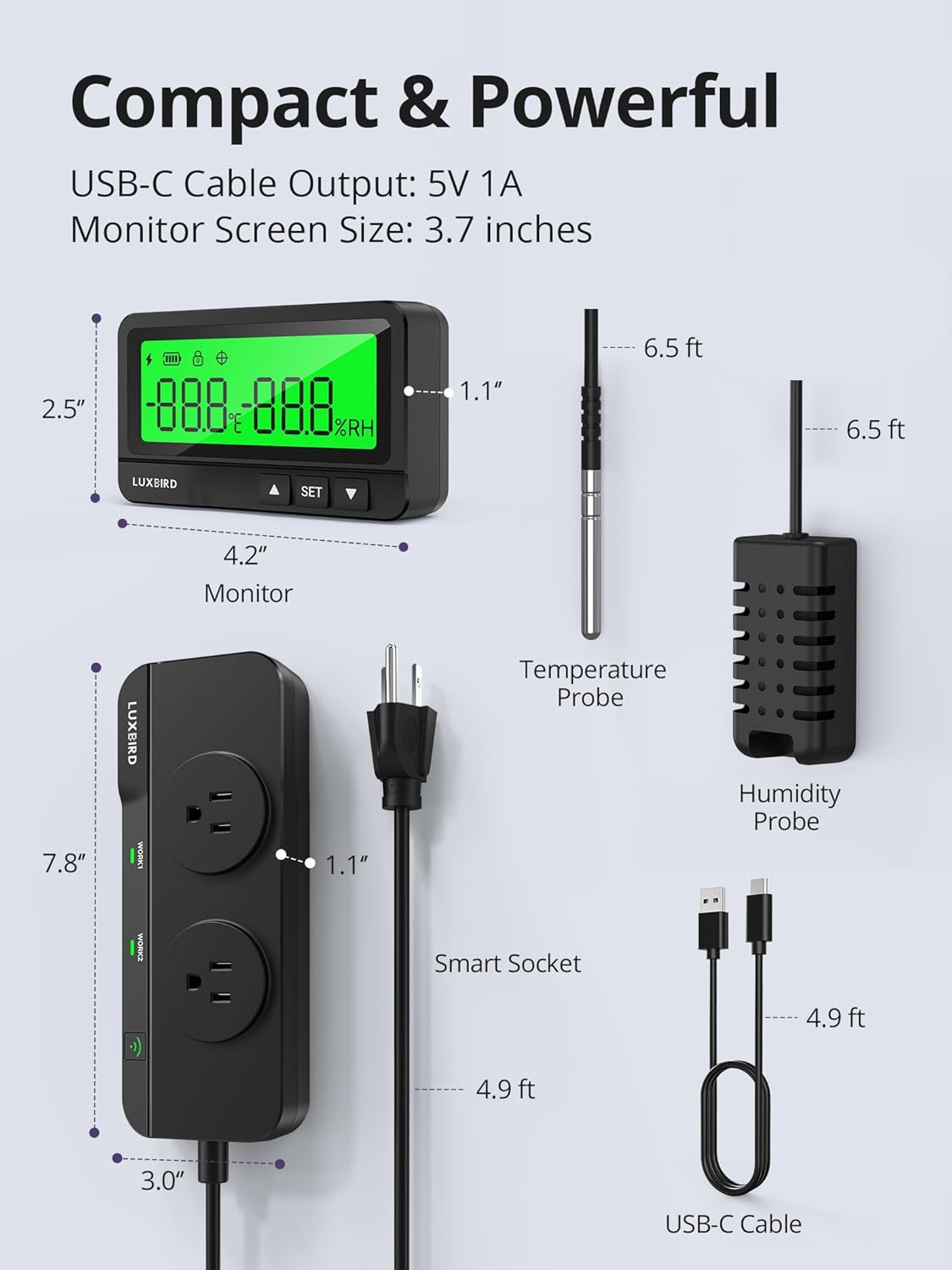 LUXBIRD WiFi Temperature & Humidity Controller LTC-318-W, Smart Thermostat Humidistat Outlet with Split Monitor, Dual-Zone Temperature Humidity, App Control for Grow Tent Greenhouse Reptile Terrarium