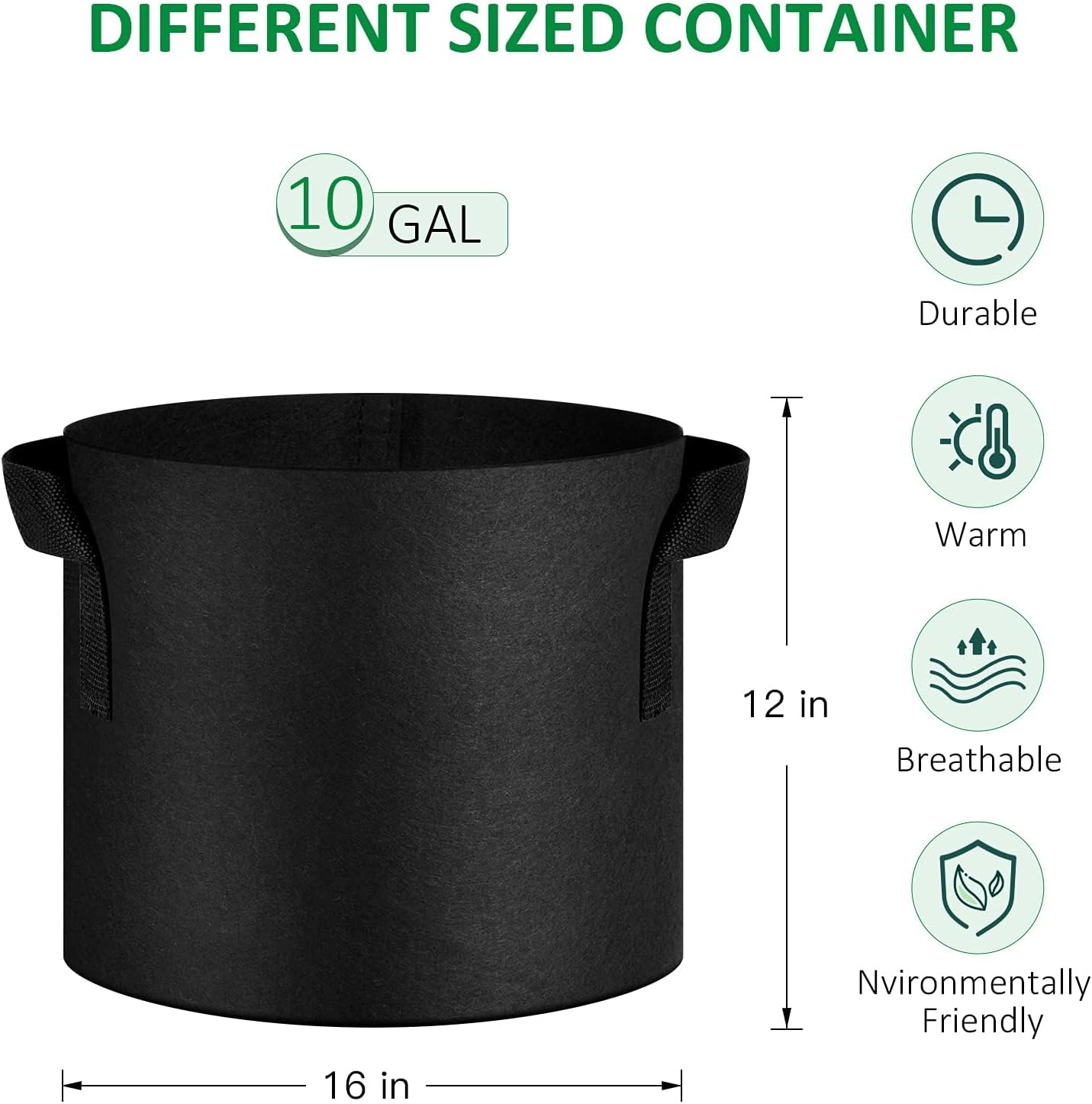 24-Pack 10 Gallon Thickened Non-Woven Grow Bags, Aeration Fabric Pots with Handles