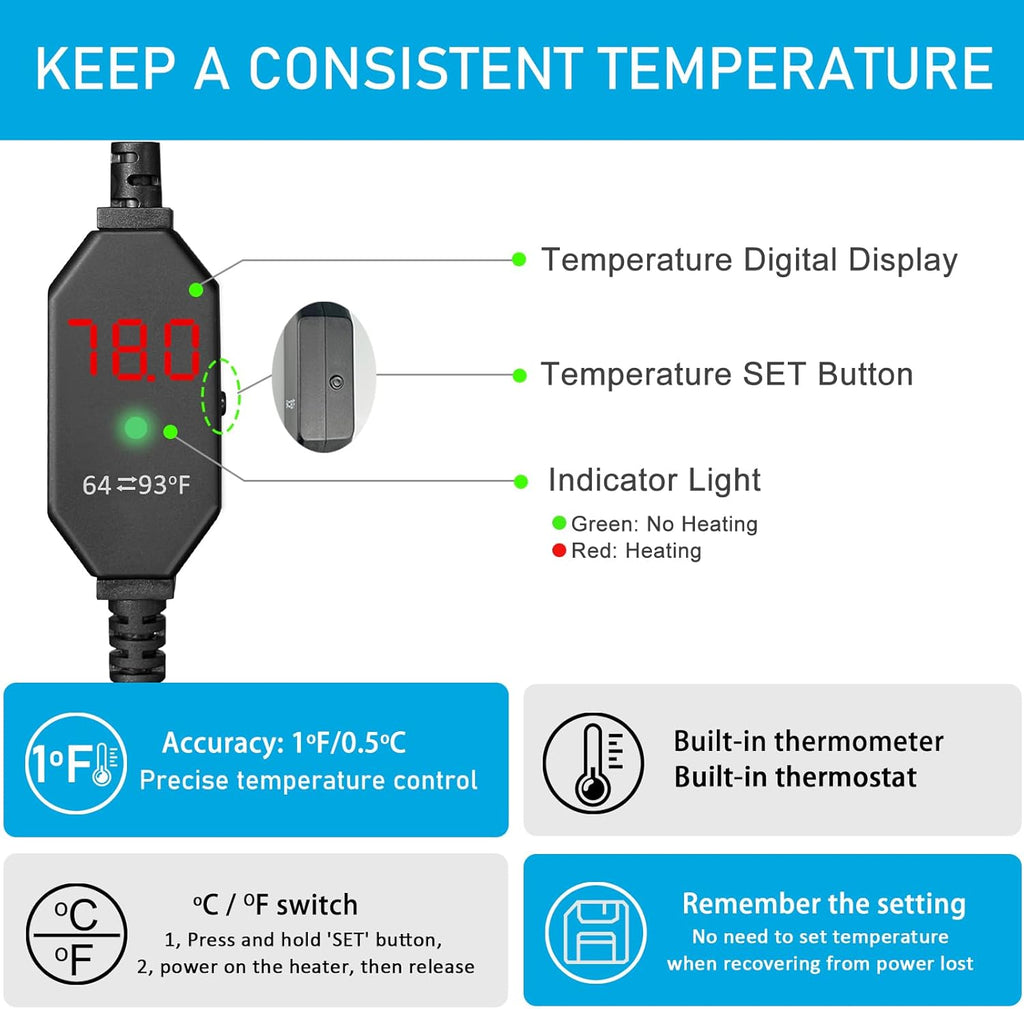 YukiHalu Small Aquarium Heater 25/50/100/150W with Protective Cover, Mini Fish Tank Heater, External Controller, Temperature Adjustable, Digital Display, Used for 5/10/20/30 Gallons (50W-10Gallon)