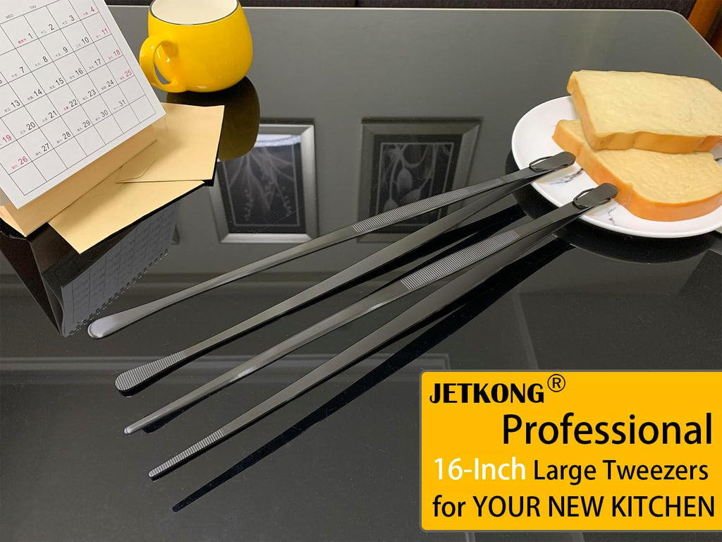 JETKONG 2 Pcs 16-Inch Heavy Duty Plating Tongs, Extra-Long Kitchen Fine Tongs Large Stainless Steel Cooking Forceps (Black)