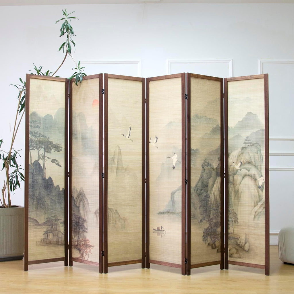 6 Panel Room Divider Screen and Folding Panel Screen,Double Sided Bamboo Divider for Room Separation,Mountains and Waters Landscape,67" H x 94.5" W