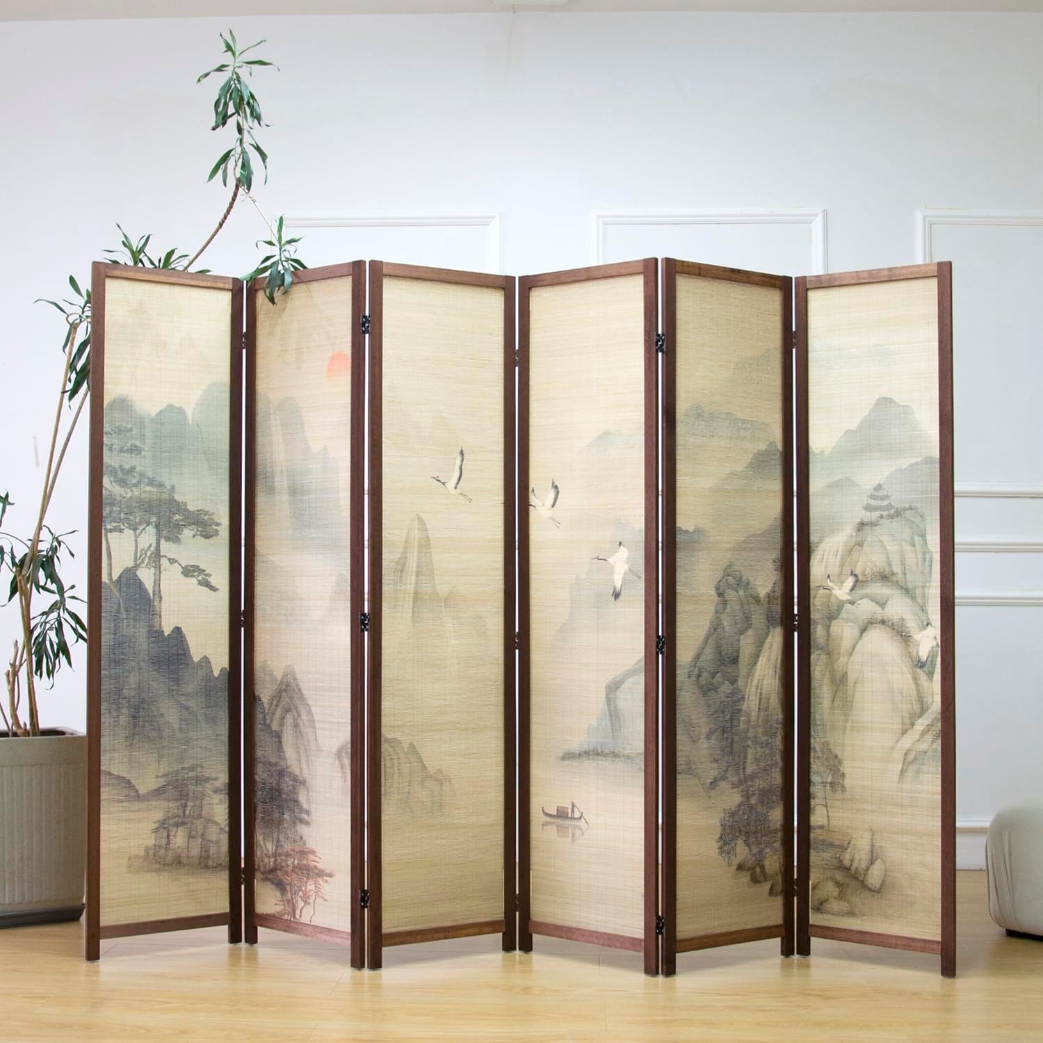 6 Panel Room Divider Screen and Folding Panel Screen,Double Sided Bamboo Divider for Room Separation,Mountains and Waters Landscape,67" H x 94.5" W