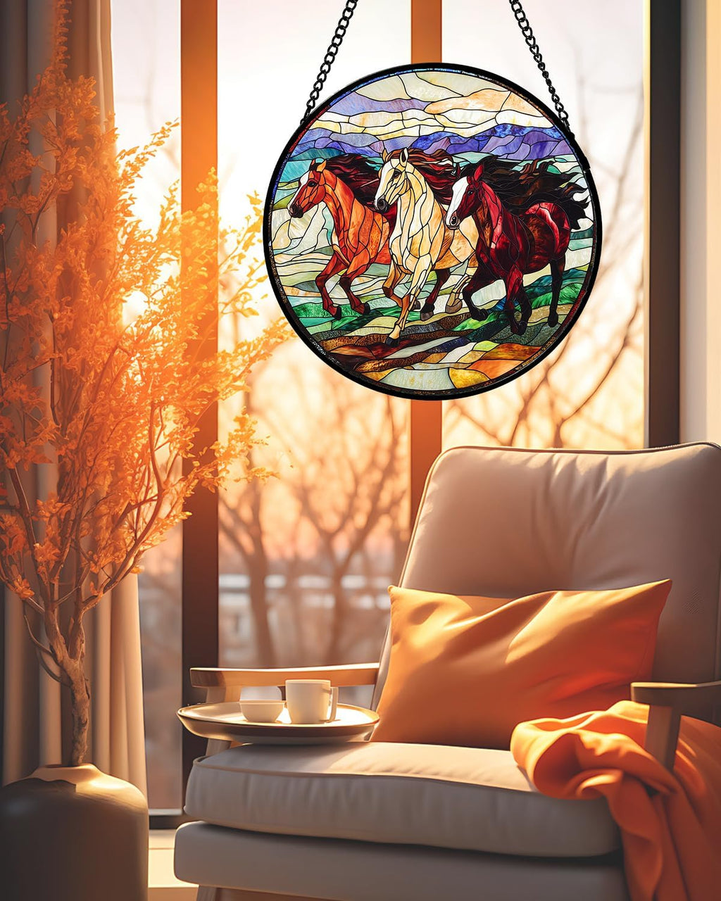 Stained Glass Window Hanging, Galloping Horses Sun Catcher for Door Home Decor Colorful Suncatcher Christmas Mother's Day Birthday Gifts for Women Men Mom and Nana 6.3 in