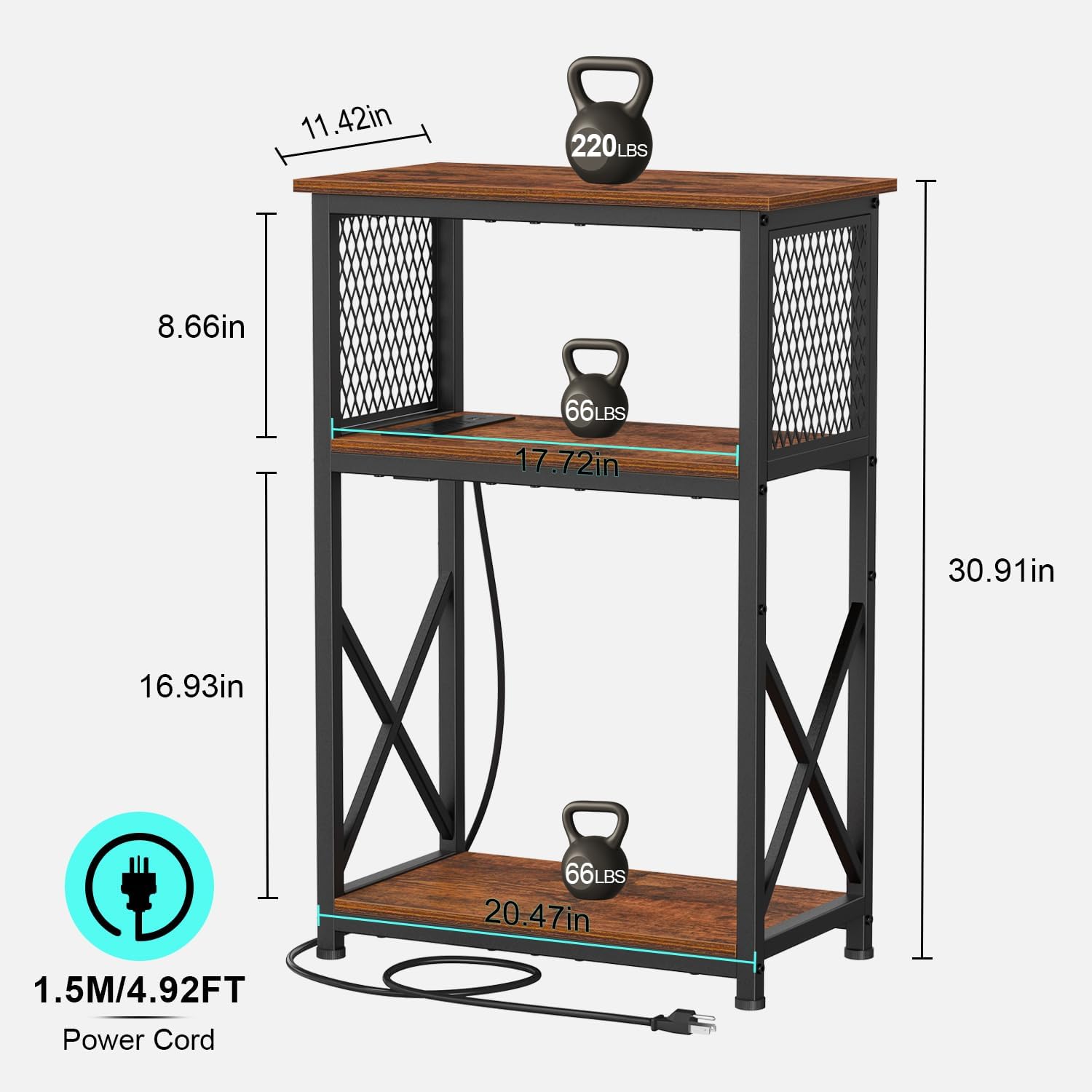 Snughome 10 Gallon Fish Tank Stand with Power Outlets, Aquarium Stand with Storage, 3 Tier Heavy Metal Reptile Tank Stand Fish Tank Shelf 20.47" x 11.42" x 30.91", Rustic Brown
