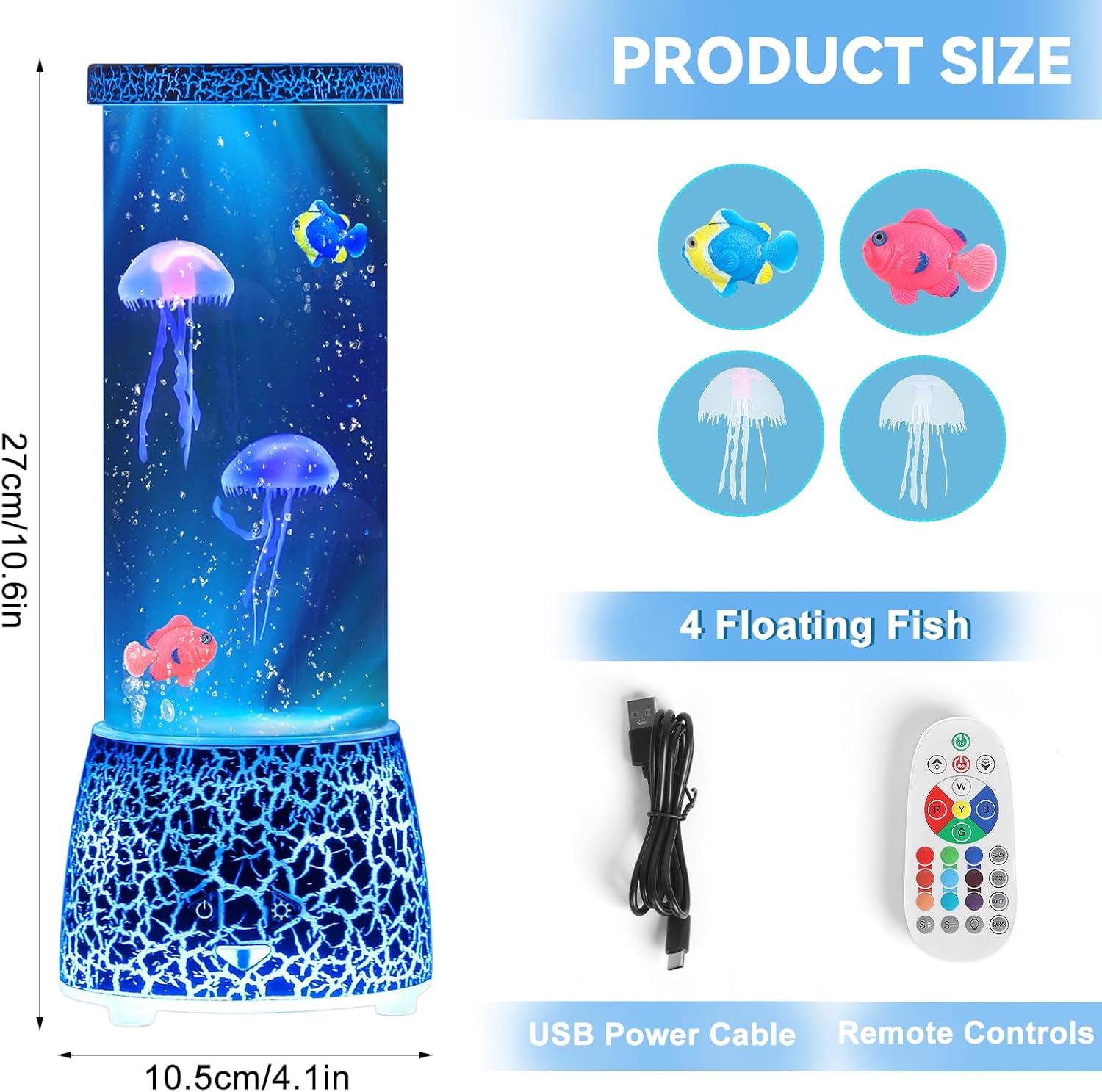 PINPON Jellyfish Lamp with Remote Control Flow Speed, 14 Color Changing, USB & Battery Powered(NOT Included), 4 Lighting Modes, Aquarium Mood Light for Relax, Cracked Design