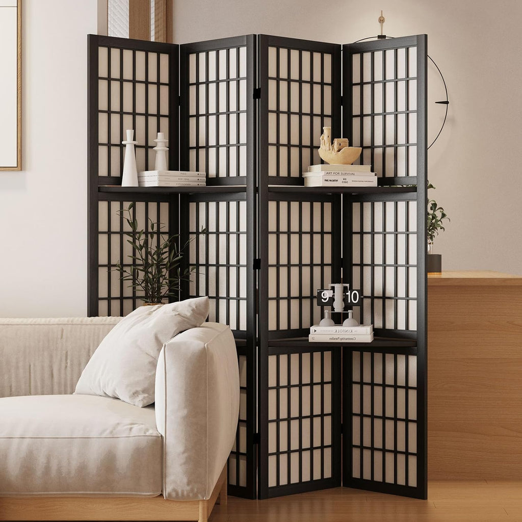 Room Divider with Shelves, 66.9-Inch Tall Japanese Shoji Style Wood Screen with Double Hinges for Home Office Bedroom Hotel Decoration (4 Panels, Black)