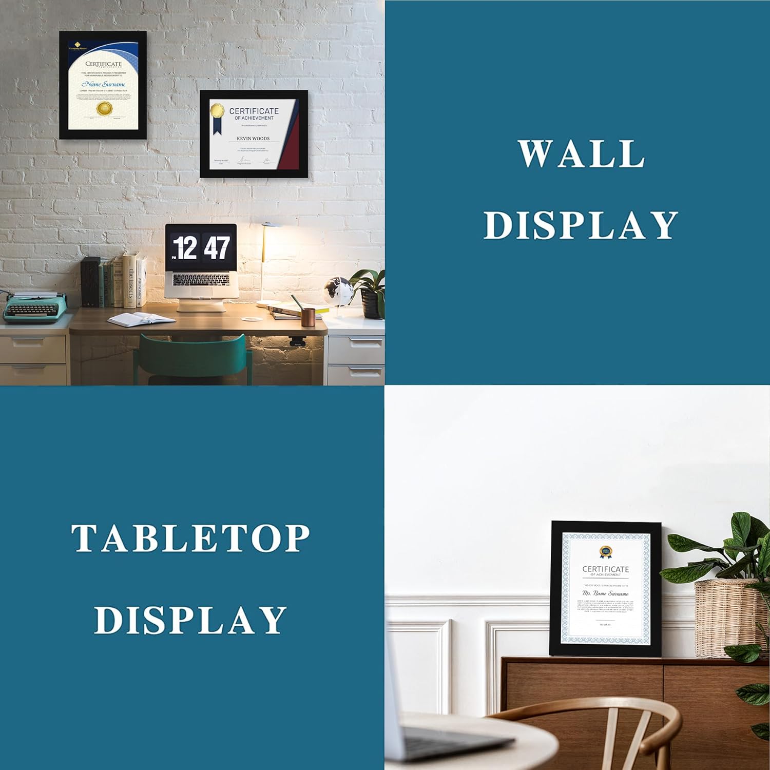 8.5 x 11 Picture Frame Set of 4, Made of Real Glass and Black Certificate & Diploma Frame, 8.5 by 11 Photo for Wall or Tabletop - Display Picture 6x8 with Mat or 8.5x11 Without Mat