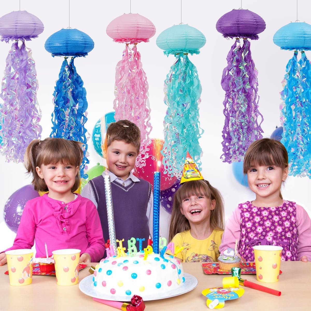Mermaid Birthday Decorations, Jellyfish Paper Lanterns for Ocean Mermaid Baby Shower Under The Sea Party Decorations Pack of 6 Colorful