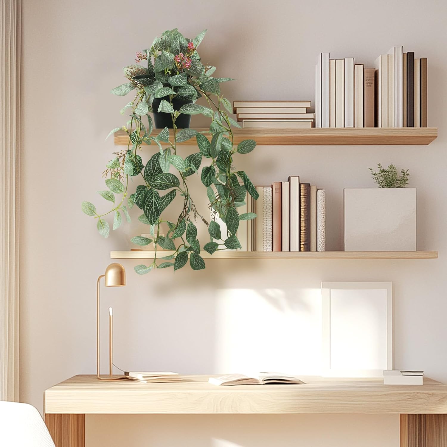2 Pcs Artificial Hanging Plants Realistic Watermelon Texture with Flower Buds Fake Potting Leaves Faux Peperomia Vine Green Plants for Indoor Outdoor Home Garden Decor