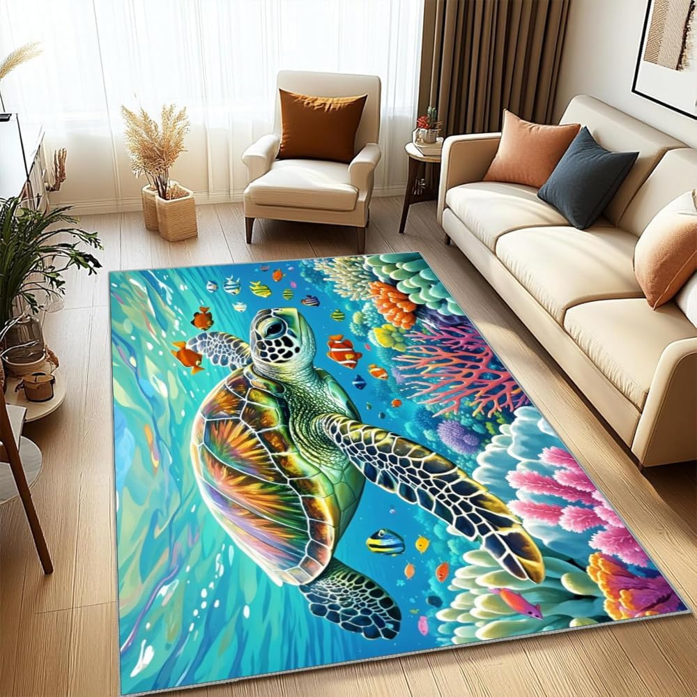 Coastal Sea Turtle Area Rug 5x7ft Beach Theme Ocean Non-Slip Rug Washable Decorative Living Room Bedroom Floor Rug, Blue Green