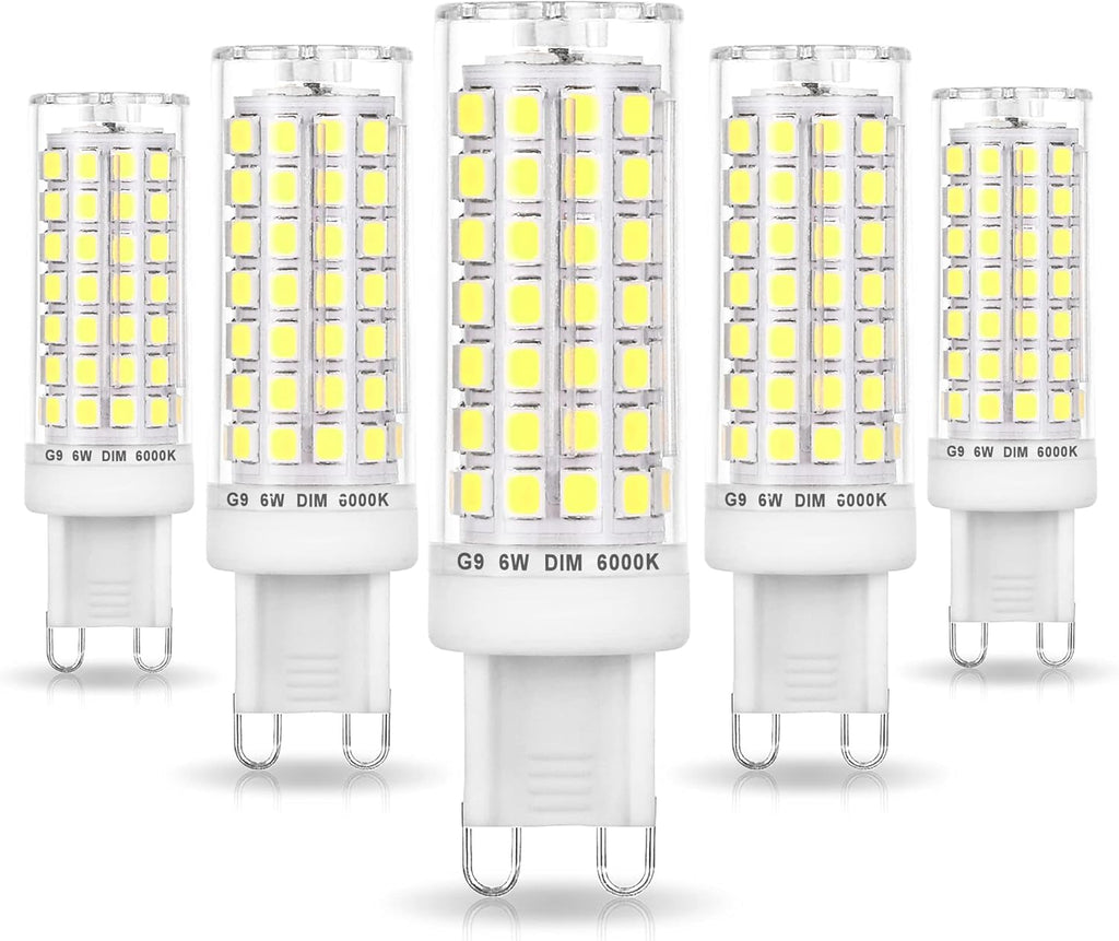 No Flicker G9 Led Bulbs Dimmable Daylight 6000K,Replace 40W 50W 60W Halogen,AC120V Dimmable G9 6W LED Cool White for Chandelier Pendant Ceiling Lamp(5Pack)