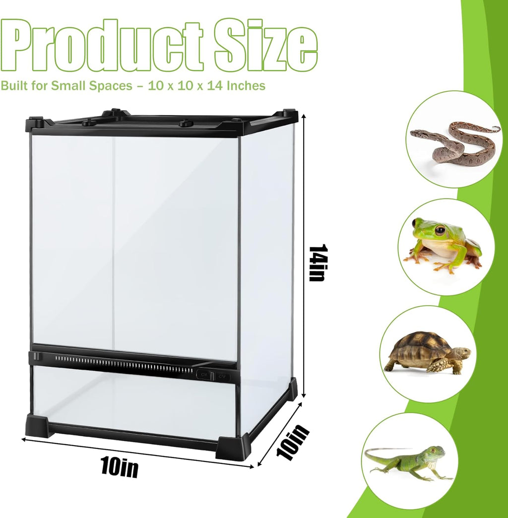 Reptile Terrarium 10"x10"x14", Full Glass Tank Enclosure for Small Reptiles, Geckos, Frogs, Lizards, Snakes, Spiders, Turtles, Vertical Rainforest Habitat