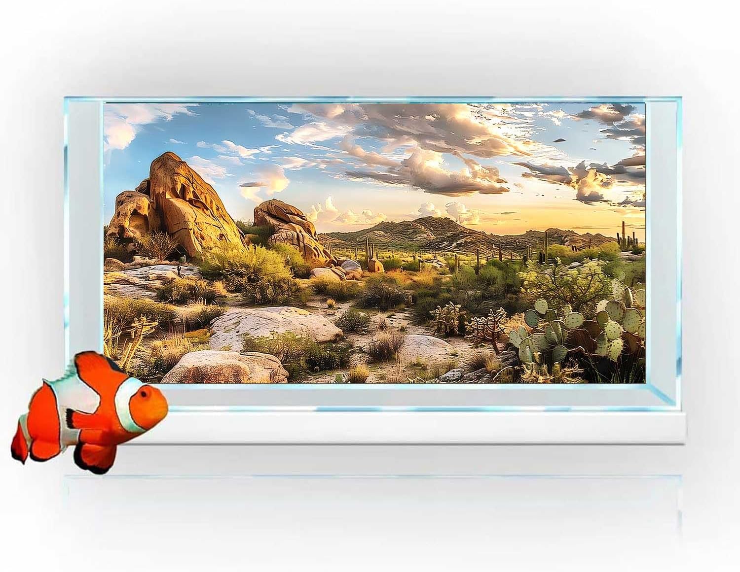 Reptile Habitat Background, Blue Sky Oasis Cactus Sun and Desert Terrarium Background with 6 EVA Double-Sided Tapes 36x18 inches/90x45