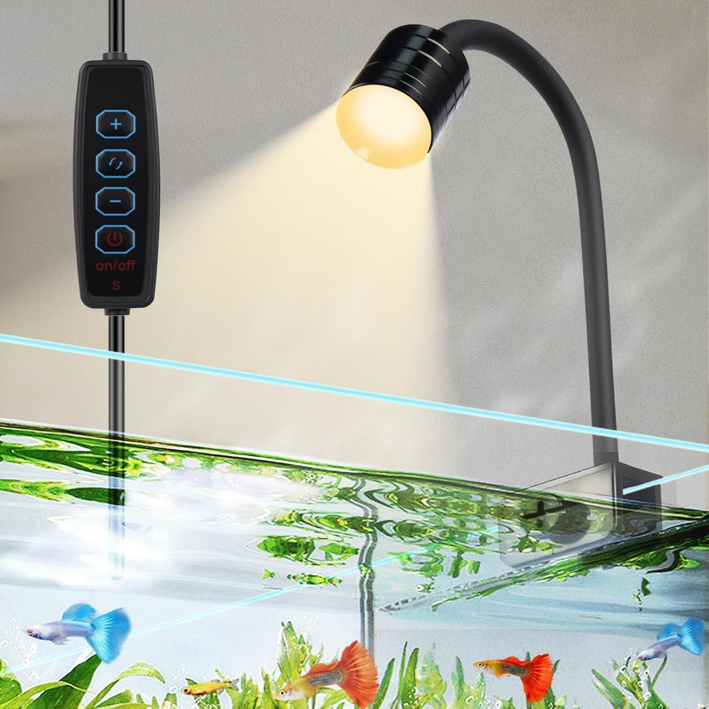 LED Aquarium Spot Light with Flexible Gooseneck, Black Metal Clamp Mount, 12-Inch Adjustable Tank Lamp, Modern Contemporary Style, 3W LED for Fish Tank Illumination