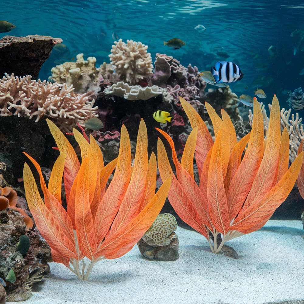 BEGONDIS 2Pcs Artificial Aquatic Plants Set - Lifelike Silk Fabric Leaves for Aquarium Decoration, Easy to Maintain, Vibrant Underwater Garden (Orange)