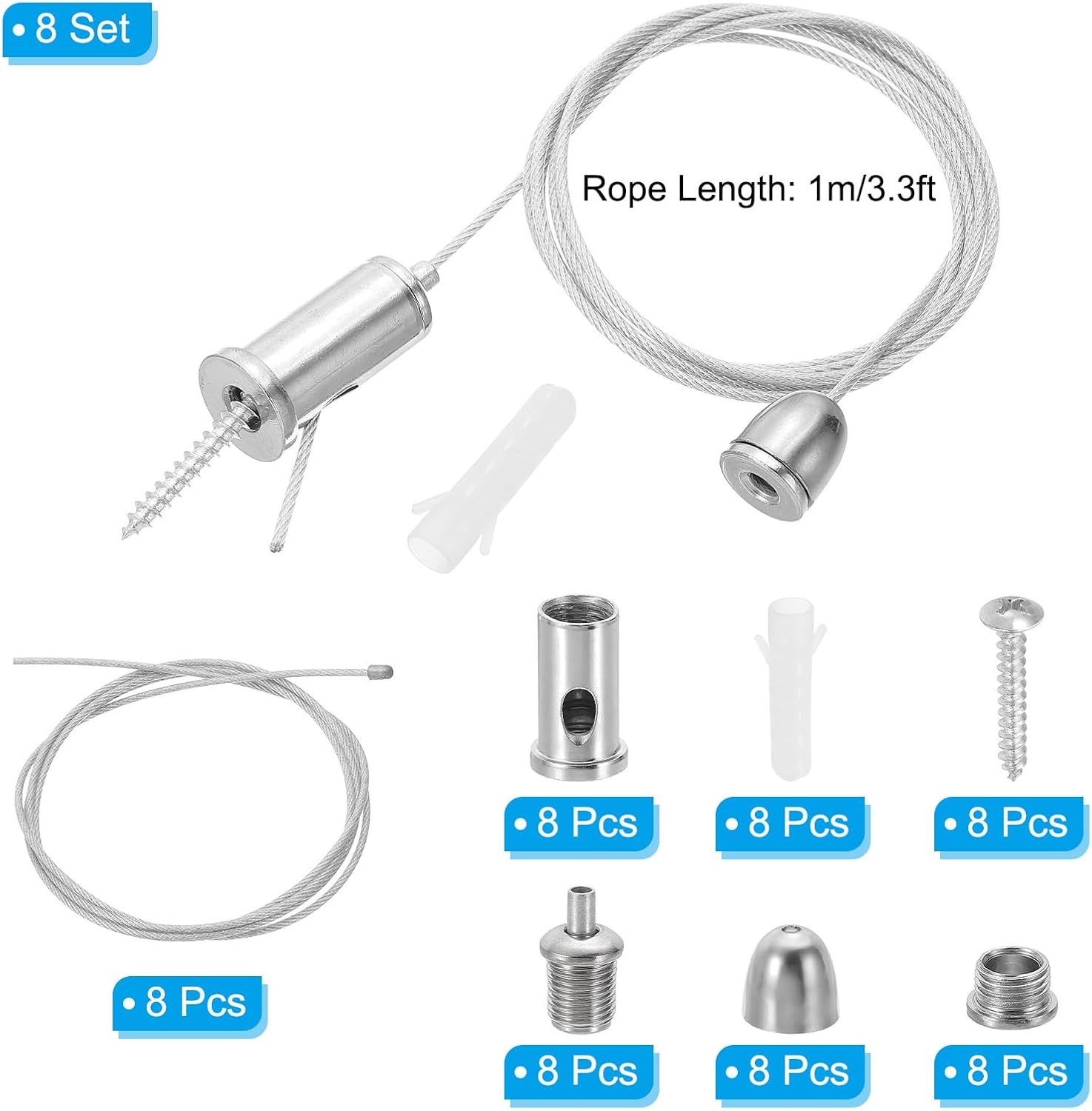 PATIKIL Ceiling Hanging Wire Cable Kit, 1m/3.3ft 8 Set Adjustable Light Suspend Cable Kit Panel Hanging Rope Clamp for Pendant Light Fitting Aquarium Lights, Style 3