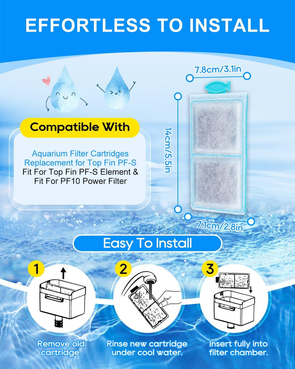 6 Pack Filter Cartridge Compatible with Top Fin PF-S Filter Cartridge, Upgraded PF-S Fish Tank Filters Compatible with Top Fin PF10 Power Filters, Activated Carbon & Zeolite for Clean Water