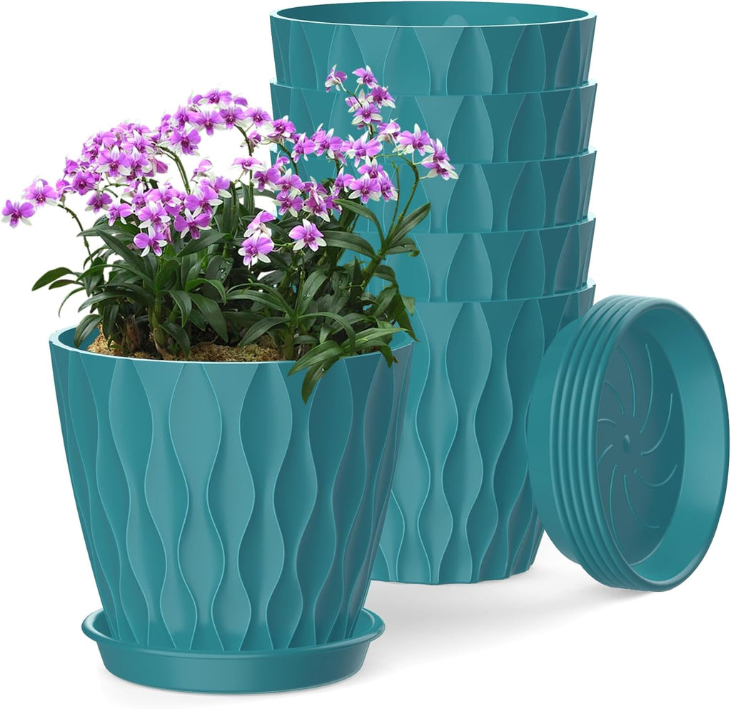 6 Inch Plant Pots, 6 Pack Indoor Flower Pots, Planters with Drainage Holes and Trays for Orchids, Violets, Succulents, Herbs, and Other Plants,Blue-Green