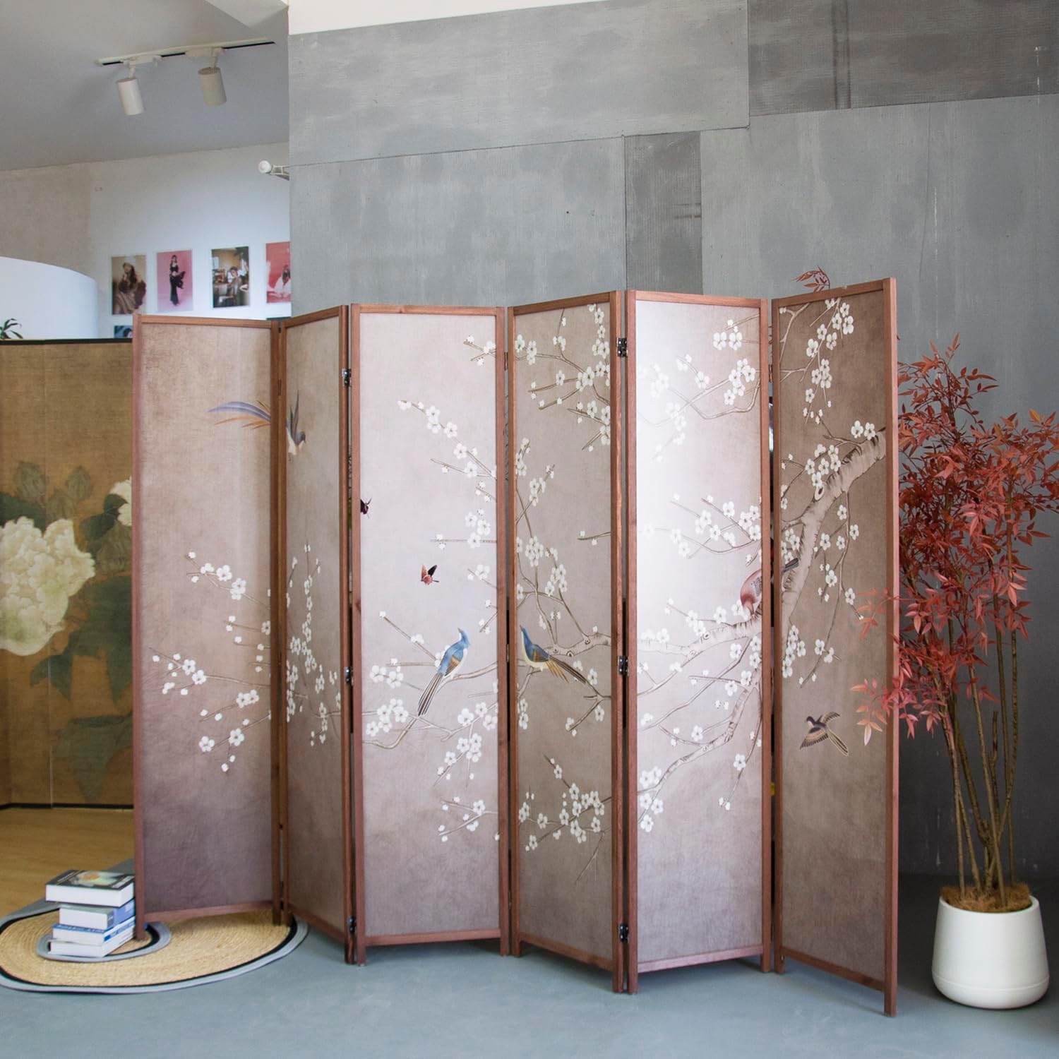 6 Panel Room Divider Screen,Double Faced Blackout Panel Divider Folding Panel Screen Divider for Room Separation,Plums and Birds,67" H x 94.5" W