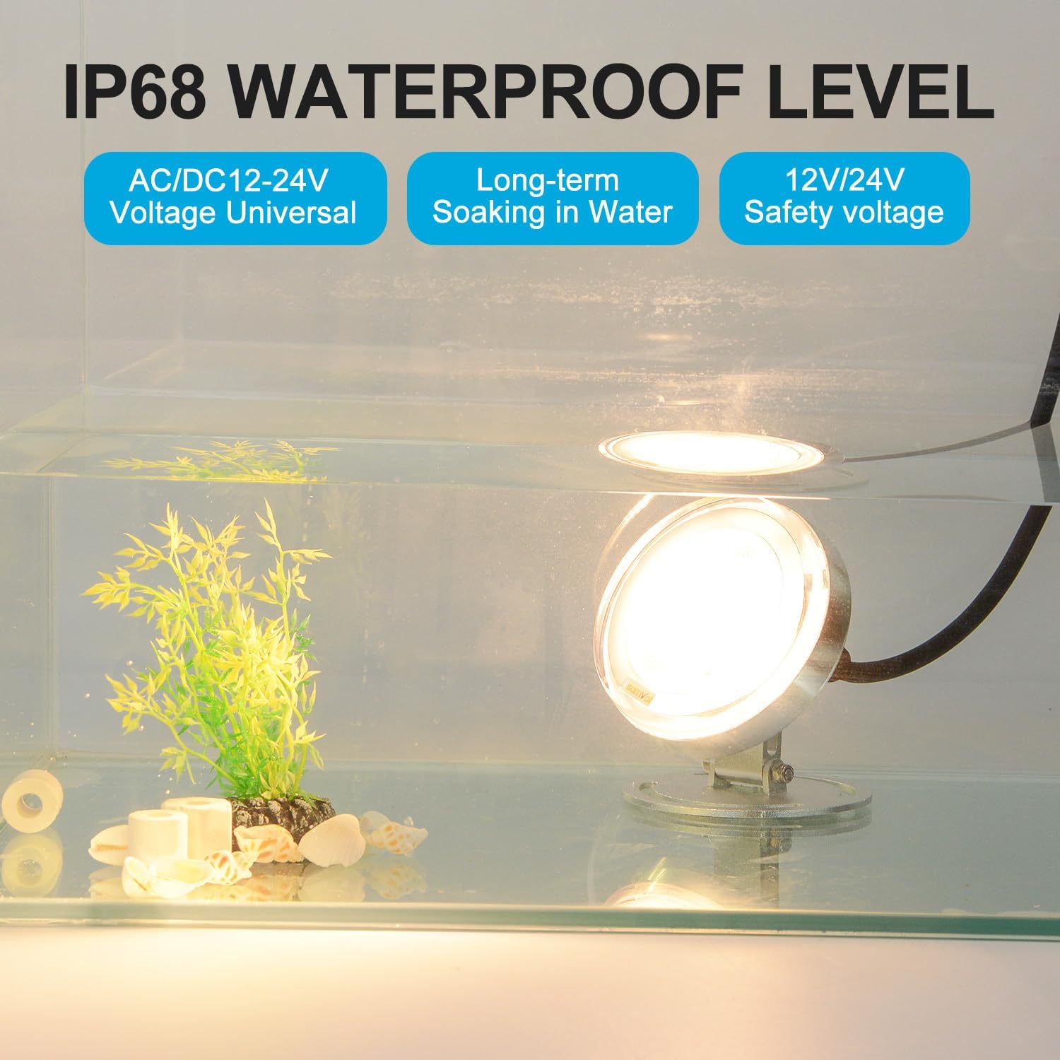 LED Underwater Pond Light, Heavy Duty Aluminum 12V 3000K Warm White IP68 Waterproof Fountain Light, Landscape Lamp for Swimming Pool, Fountain, Waterfall, Pond and Grass Land (6, Watts)