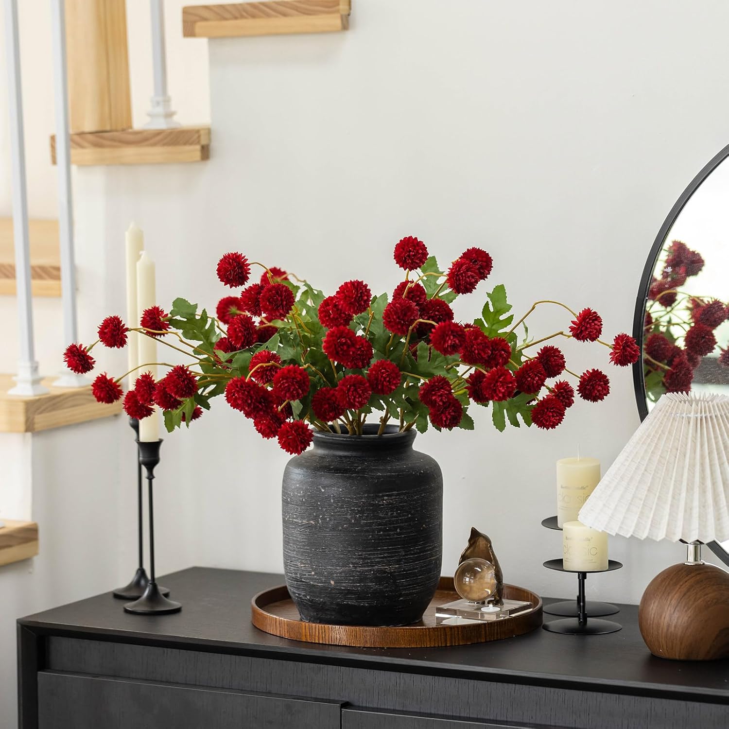 mizii 6Pcs Red Fake Silk Pompon Mum Artificial Flowers Bulk Small Faux Chrysanthemums with Stems Realistic Floral Decorations for Wedding DIY Bouquet Centerpieces Shower Vase Home Decor (Red)