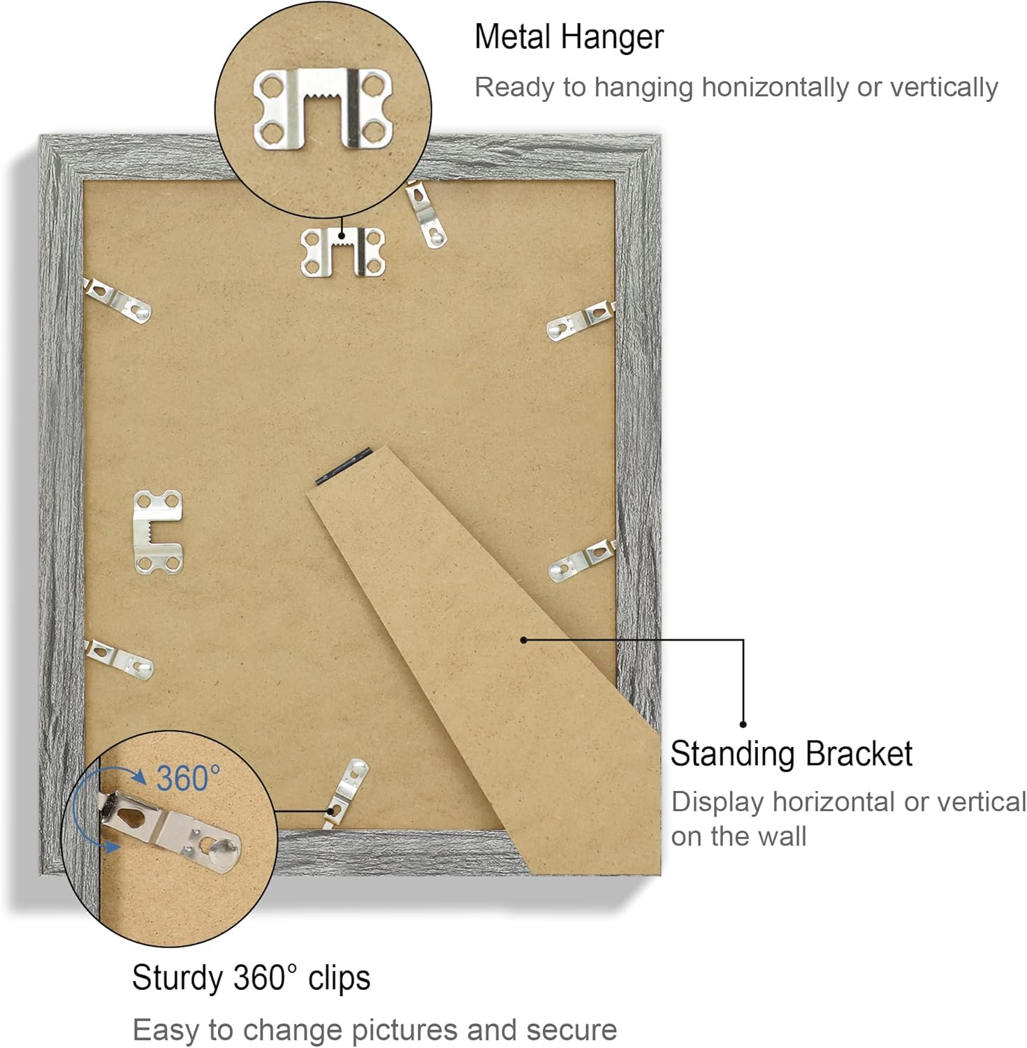 9x11 Picture Frame Set of 4, Made of Real Glass and Grey Frame - Display Picture 7x9 with Mat or 9x11 Without Mat, 9 by 11 Photo for Wall or Tabletop