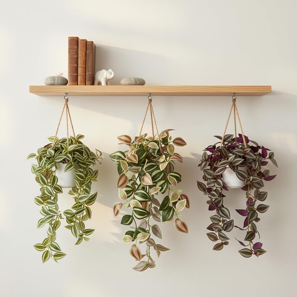 Fake Plants Indoor Artificial Hanging Plants with Pot, Potted Silk Greenery Faux Watermelon Peperomia Ivy Draping Plant for Home Office Desk Living Room Bedroom Wall Shelf Decor (Green, Light Pink)