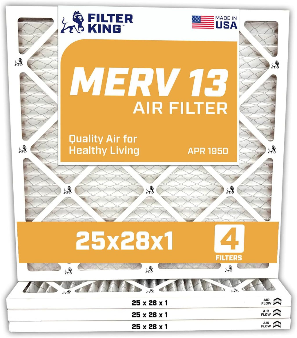 Filter King 25x28x1 Air Filter | 4-PACK | MERV 13 HVAC Pleated A/C Furnace Filters | MADE IN USA | Actual Size: 25 x 28 x .75"